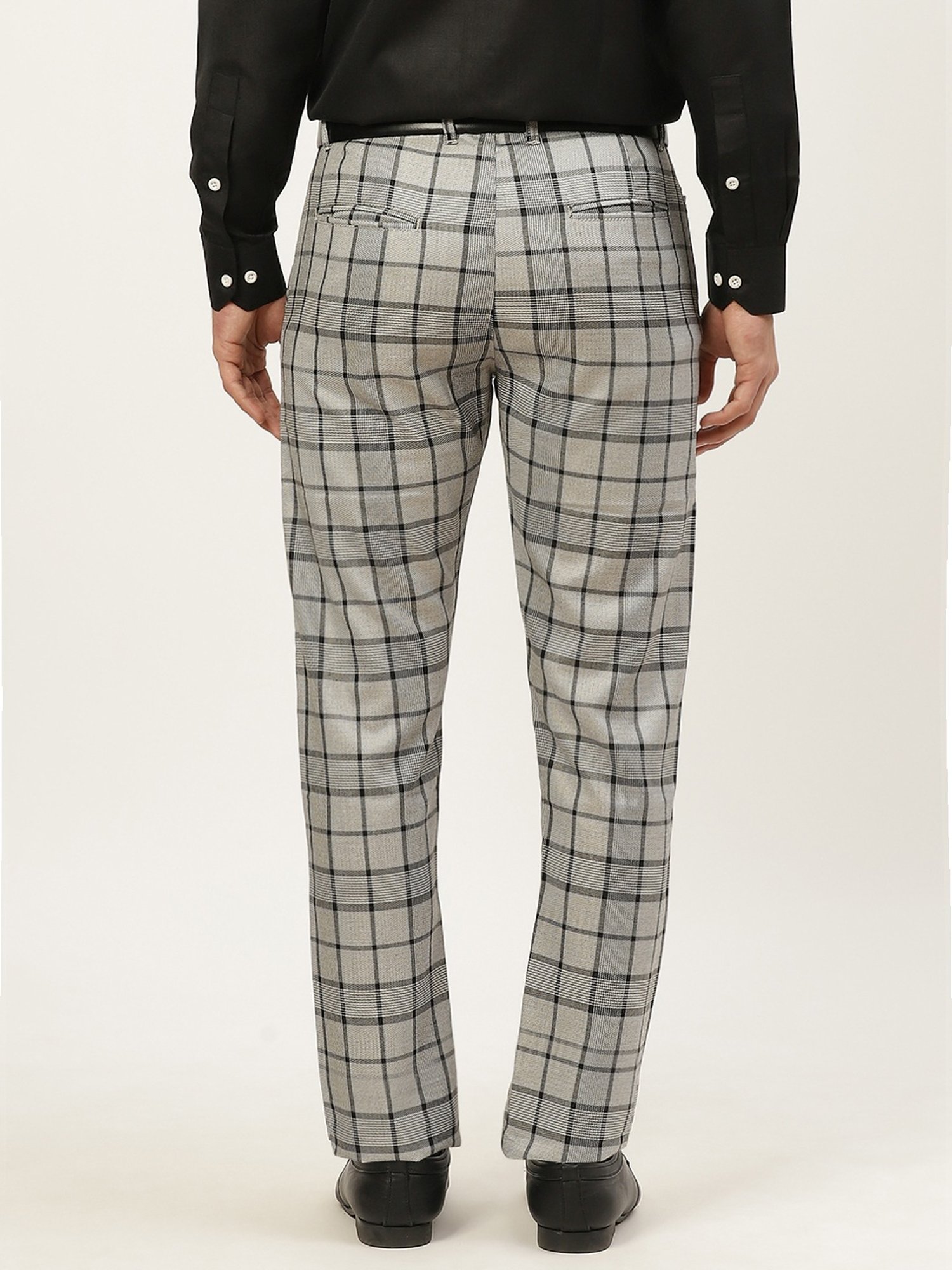 Sojanya Grey Cotton Regular Slim Fit Checks Flat Front Trousers