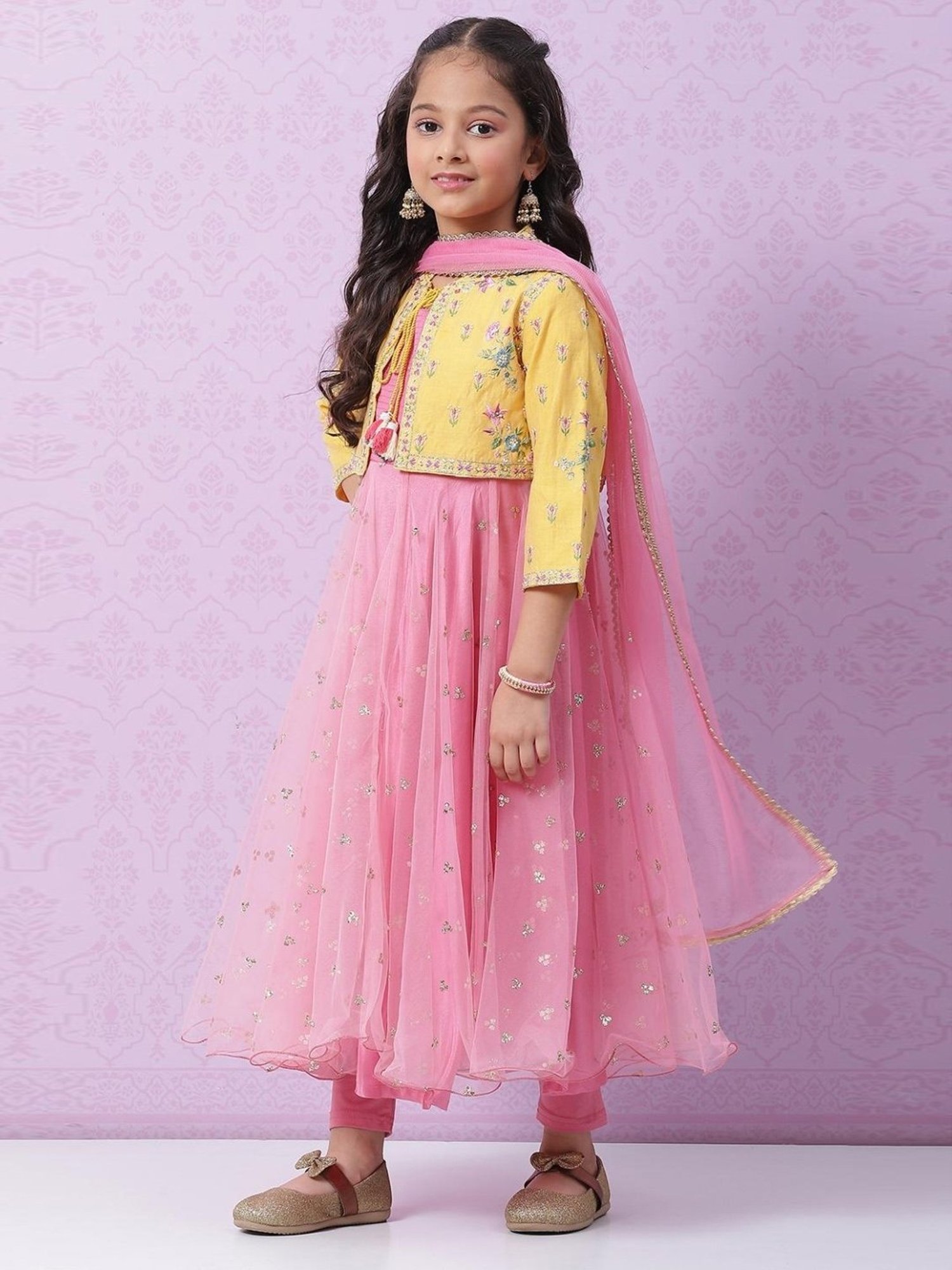 Biba Kids Yellow & Pink Embroidered Kurta Set