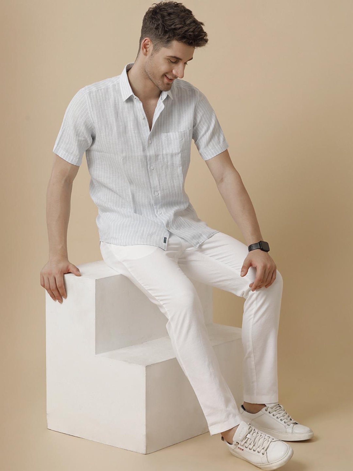 Linen Club Blue Linen Contemporary Fit Striped Shirt