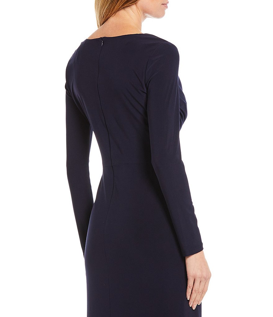 Betsy & Adam Long Sleeve Surplice V-Neck Side Ruched Gown