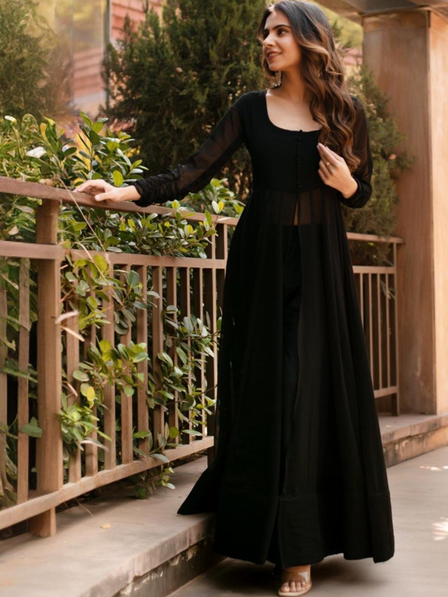Calmna Black Georgette Cape with Pant Co-ord Set