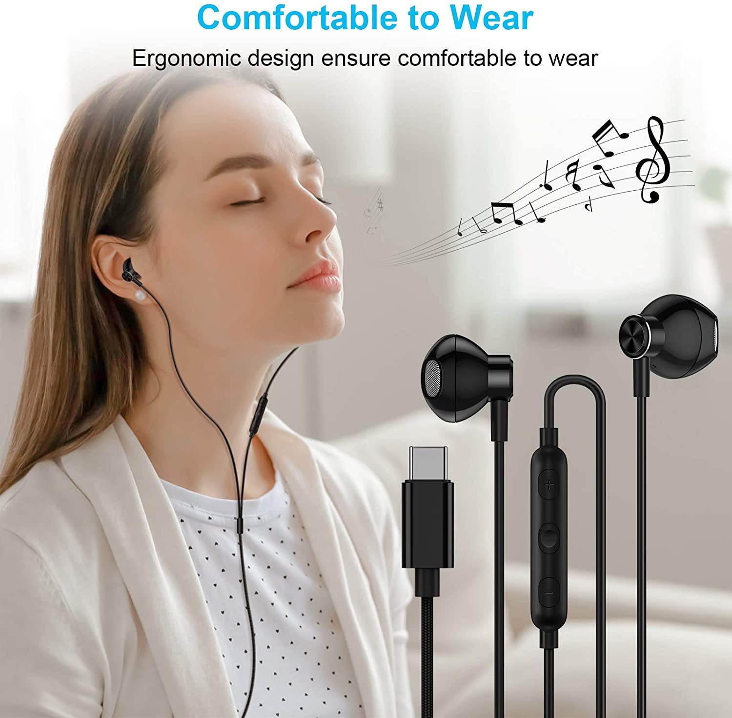 USB C Headphones, ACAGET Galaxy S21 Ultra Earbuds Wired Earphone for Android Semi in Ear USB Type C Headphone HiFi Stereo USB C Earphones for Samsung Galaxy S21 Ultra S20 FE Note 20 Tab S6 S5e Black