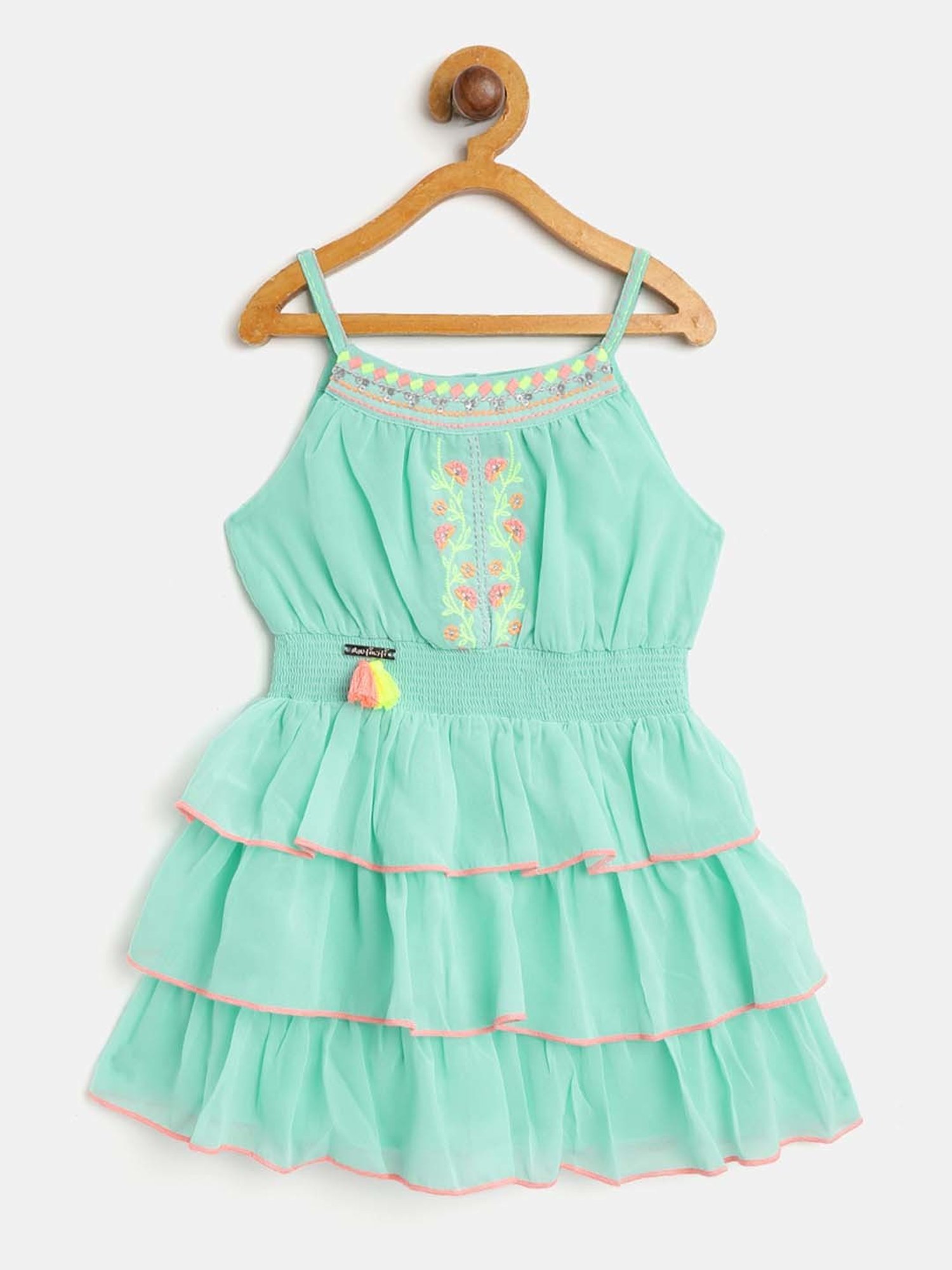 Nauti Nati Kids Blue & Mint Green Embroidered Dress (Pack Of 2)
