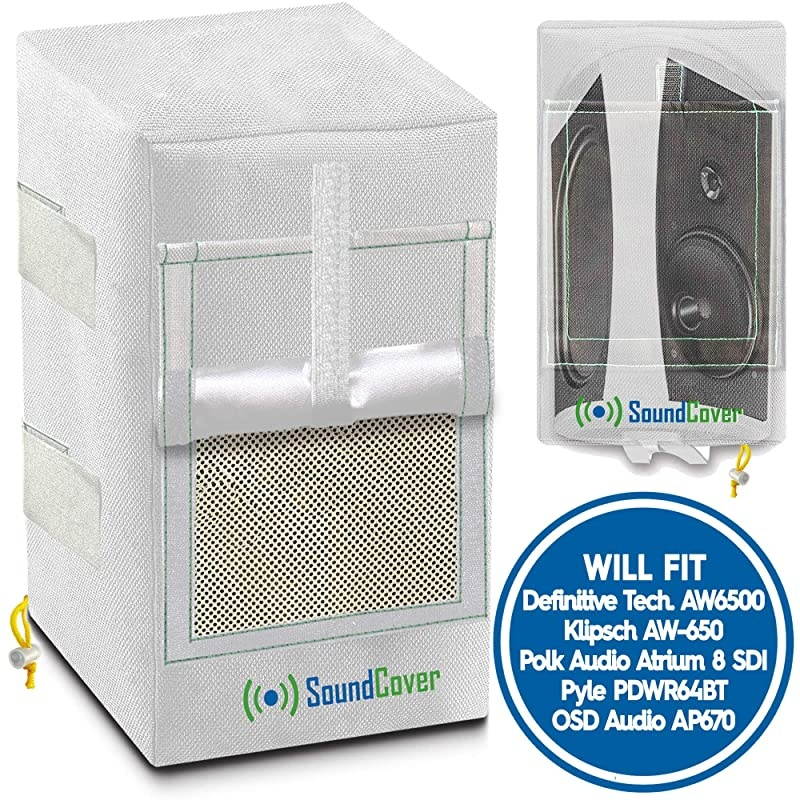 White Heavy Weight Waterproof UV Protection Speaker Covers for Outdoor Speakers with Sound Flap fits Definitive Technology AW 6500 Klipsch AW650 Polk Audio 8 Pyle PDWR64BTBW Speakers