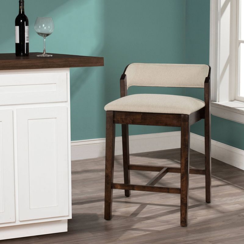 Wooden Barstool with Padded Seat and Open Backrest Blue/Brown - Benzara