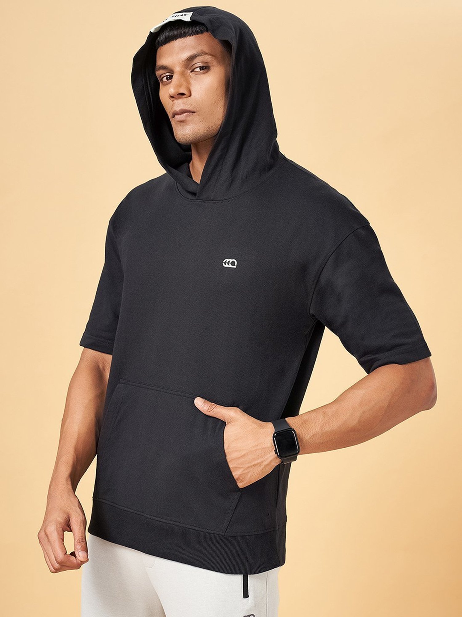 Ajile by Pantaloons Jet Black Slim Fit Hooded T-Shirt