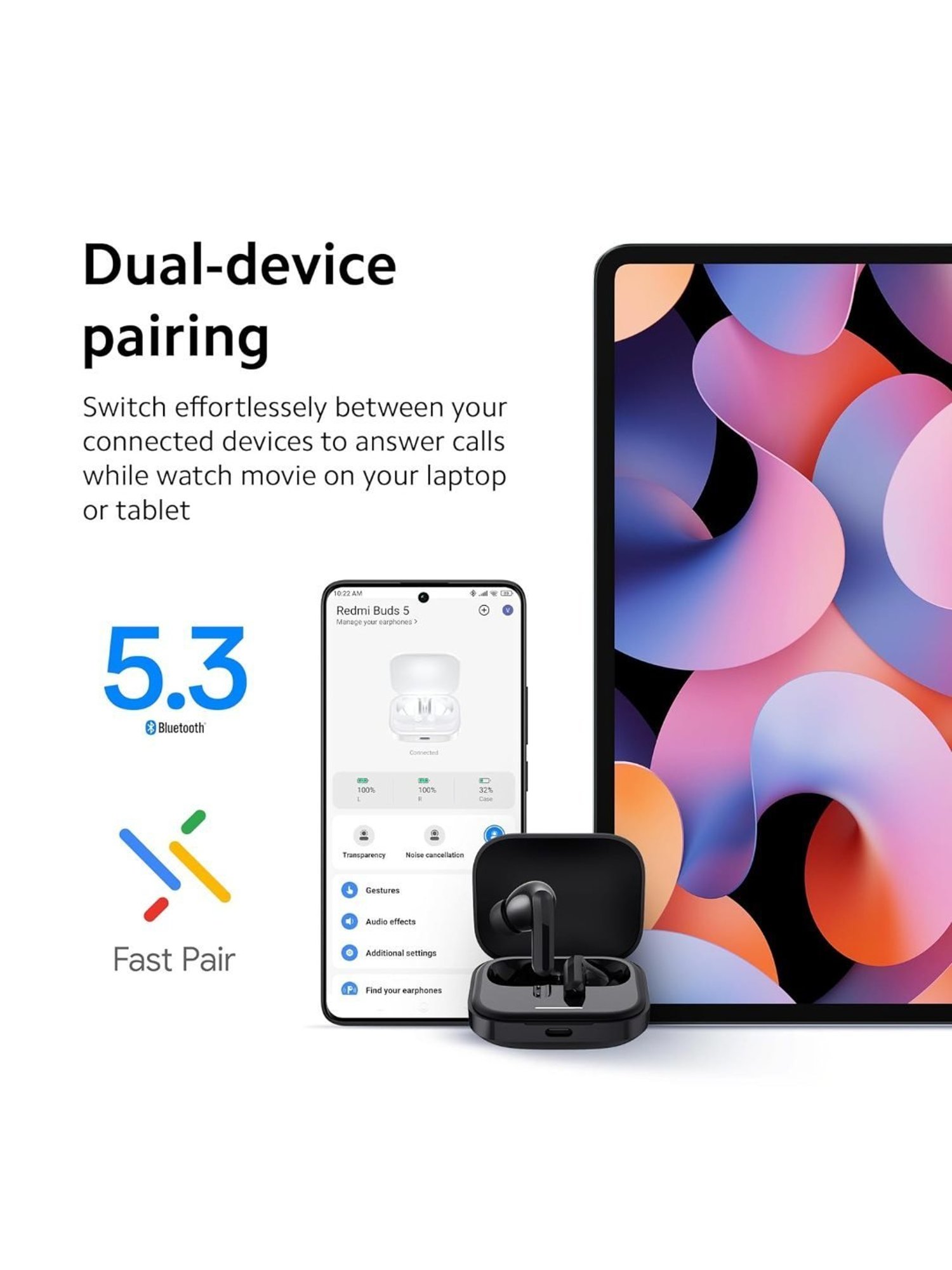 Redmi Buds 5 In Ear BT Earbuds with Upto 46dB Hybrid Noise Cancellation (Fusion Black, TWS)