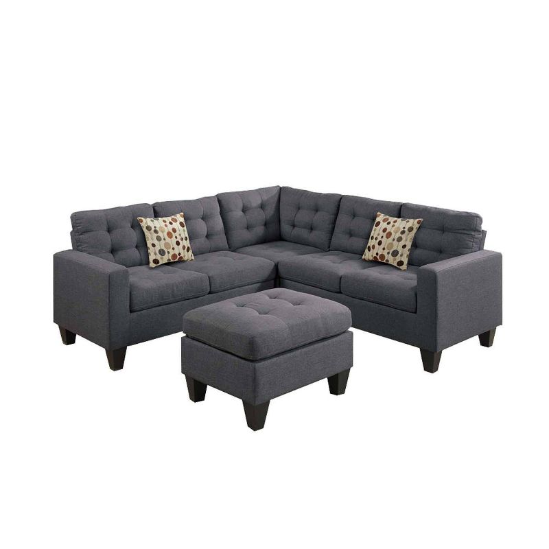 4pc Linen Fabric Sectional With Cocktail Ottoman and Pillows Gray - Benzara