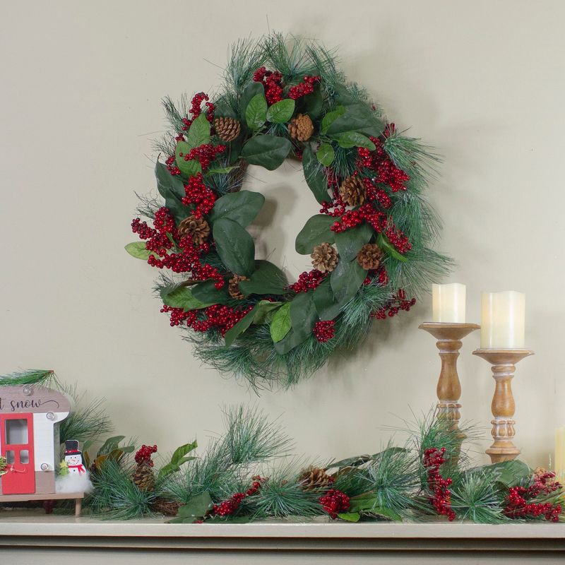 Northlight Leaves, Berry and Pine Needle Artificial Christmas Wreath - 24-Inch, Unlit