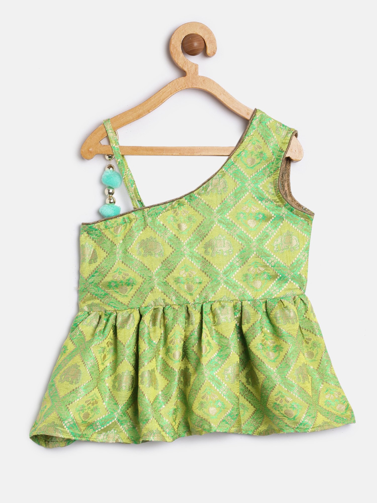 TWISHA Kids Green Self Design Top with Ghagra