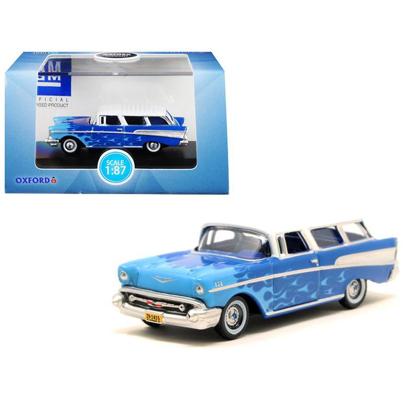 1957 Chevrolet Nomad Blue with Light Blue Flames and White Top "Hot Rod" 1/87 (HO) Scale Diecast Car by Oxford Diecast