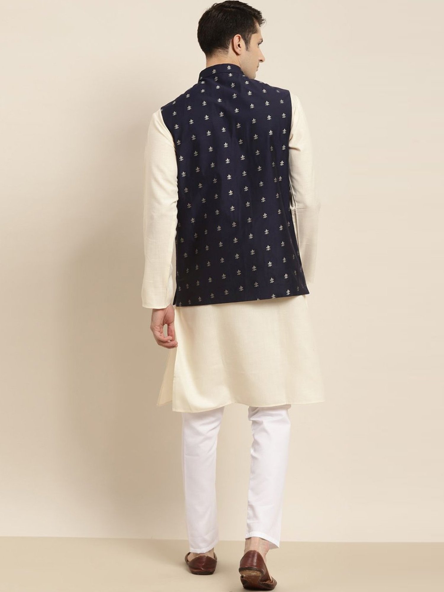 Sojanya Beige & Navy Regular Fit Printed Kurta Set With Jacket