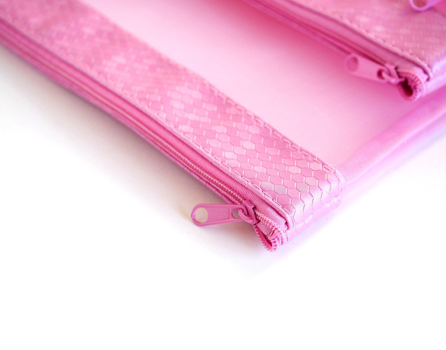 Multi Purpose 4 Piece Mesh Bag Set for Travel, Office Supplies, Cosmetic, Paper, Bill and Credit Card Bag (Pink)