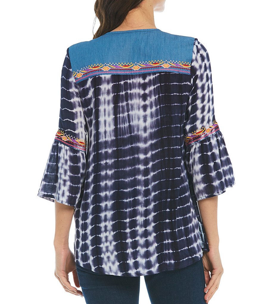 Calessa Embroidered Neck Tie Dye Bell Sleeve Poplin Tunic
