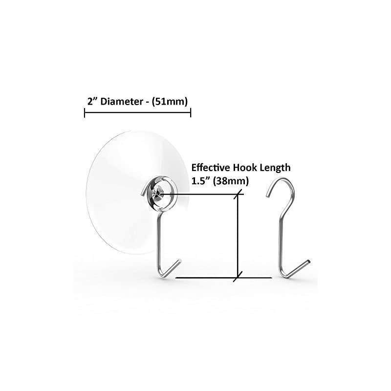Cup Hooks, Set of 6, 2" Clear Heavy Duty Cups W/ Stainless Hook, Best for Shower, Bathroom, Kitchen, & Windows - Super Strong Pads Makes Them Perfect for Outdoor Use On Wreaths & Bird Feeders