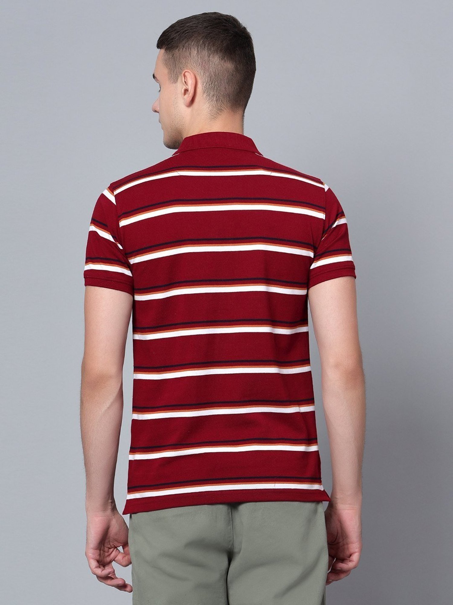 Cantabil Maroon Cotton Regular Fit Striped Polo T-Shirt