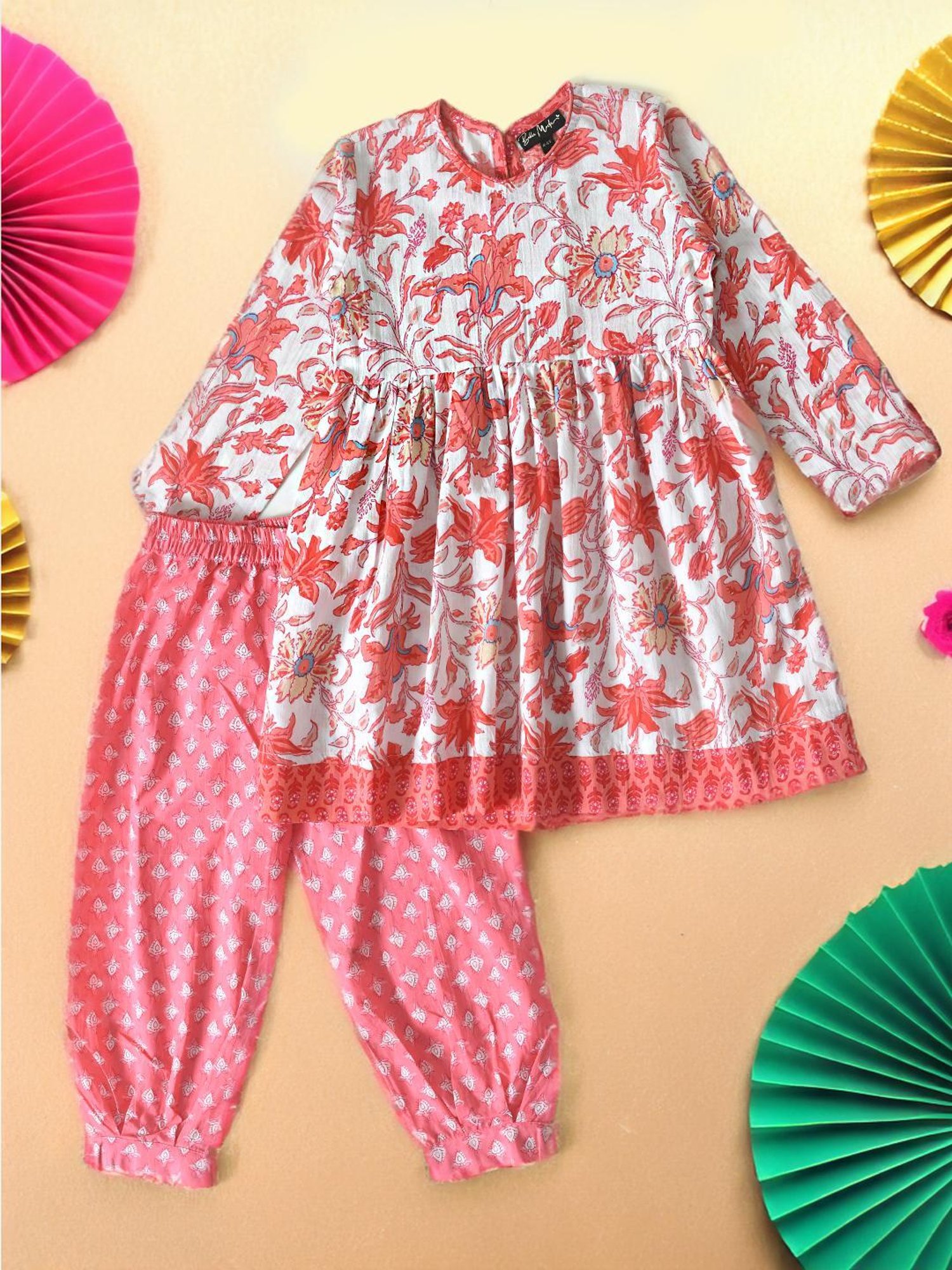 Bella Moda Kids Red Printed Full Sleeves Kurti with Pants