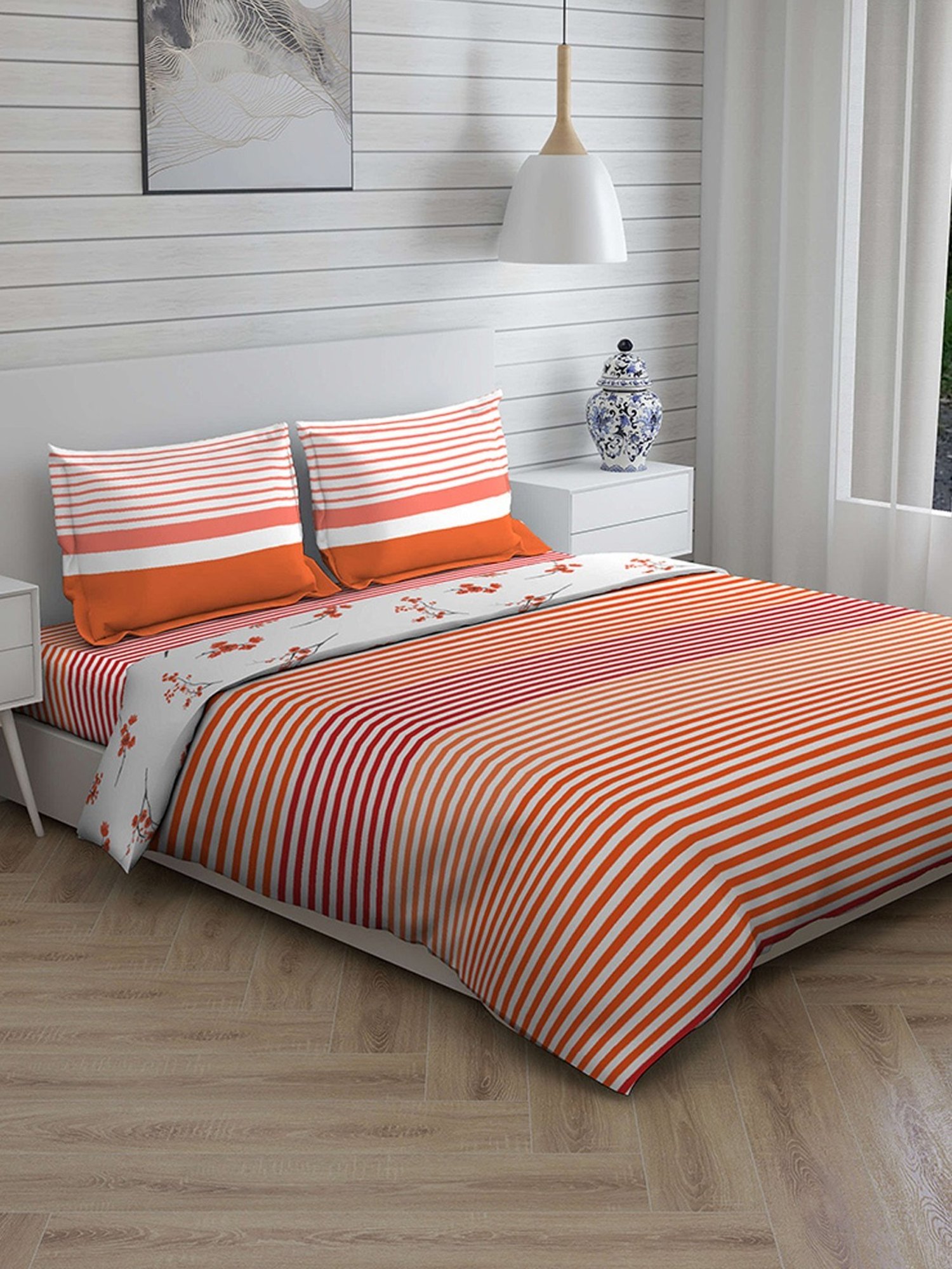 Layers Firenze Stripes Orange 144 TC Cotton Double Bedding Set