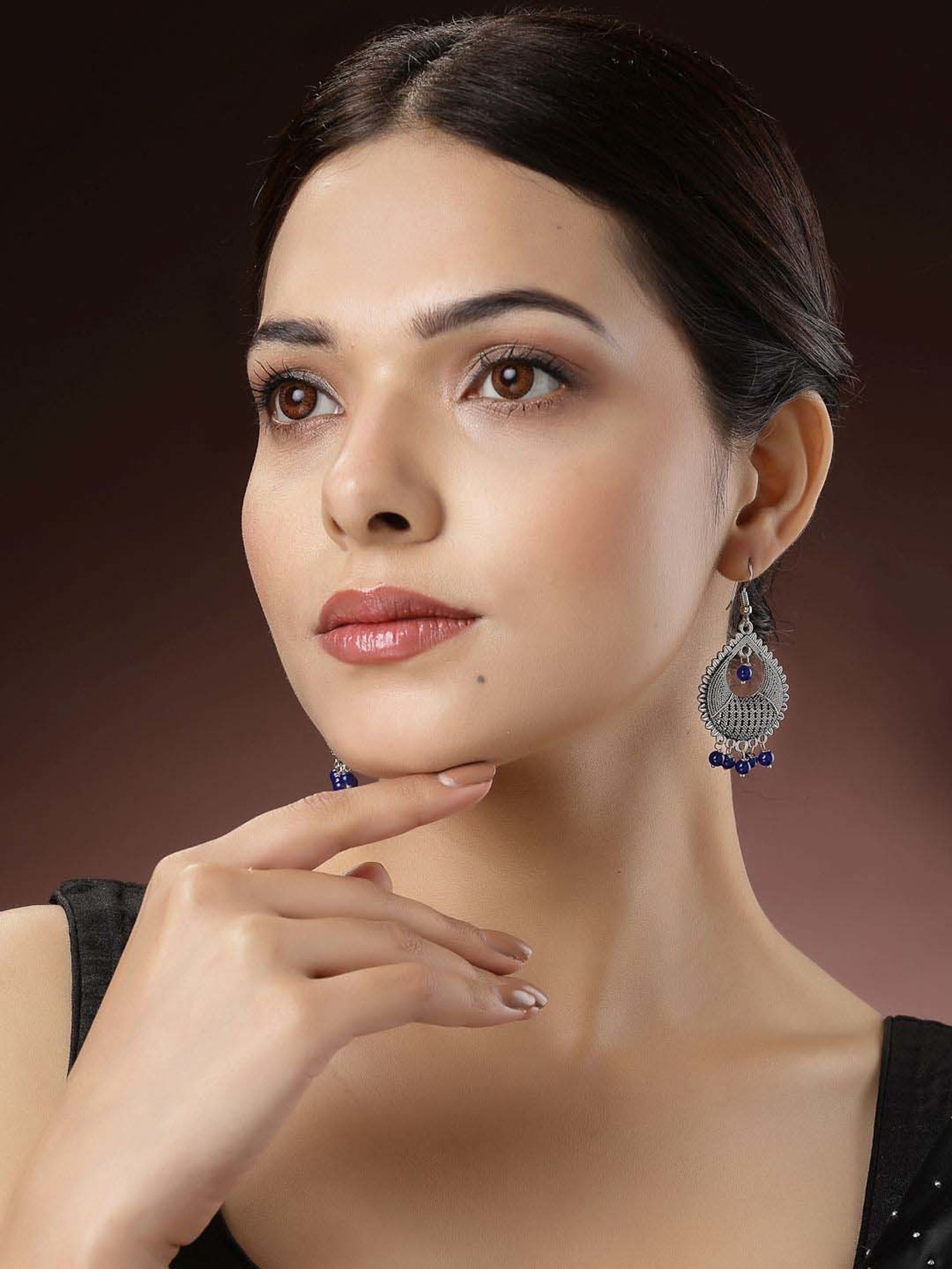 NVR Silver-Plated Artificial Beads German Silver Oxidized Chand Bali Earrings for Women