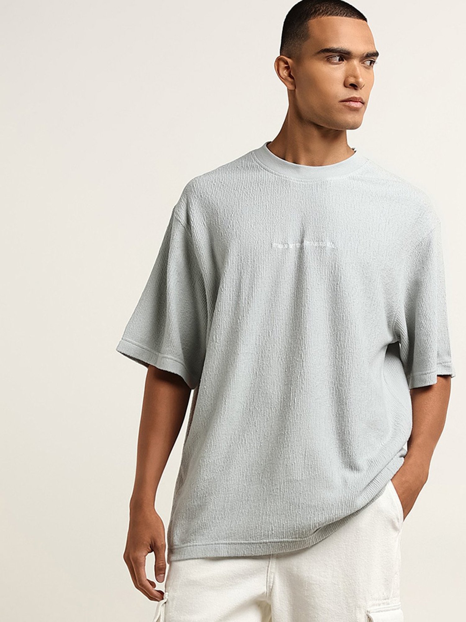 Nuon by Westside Light Teal Textured Relaxed-Fit Cotton T-Shirt