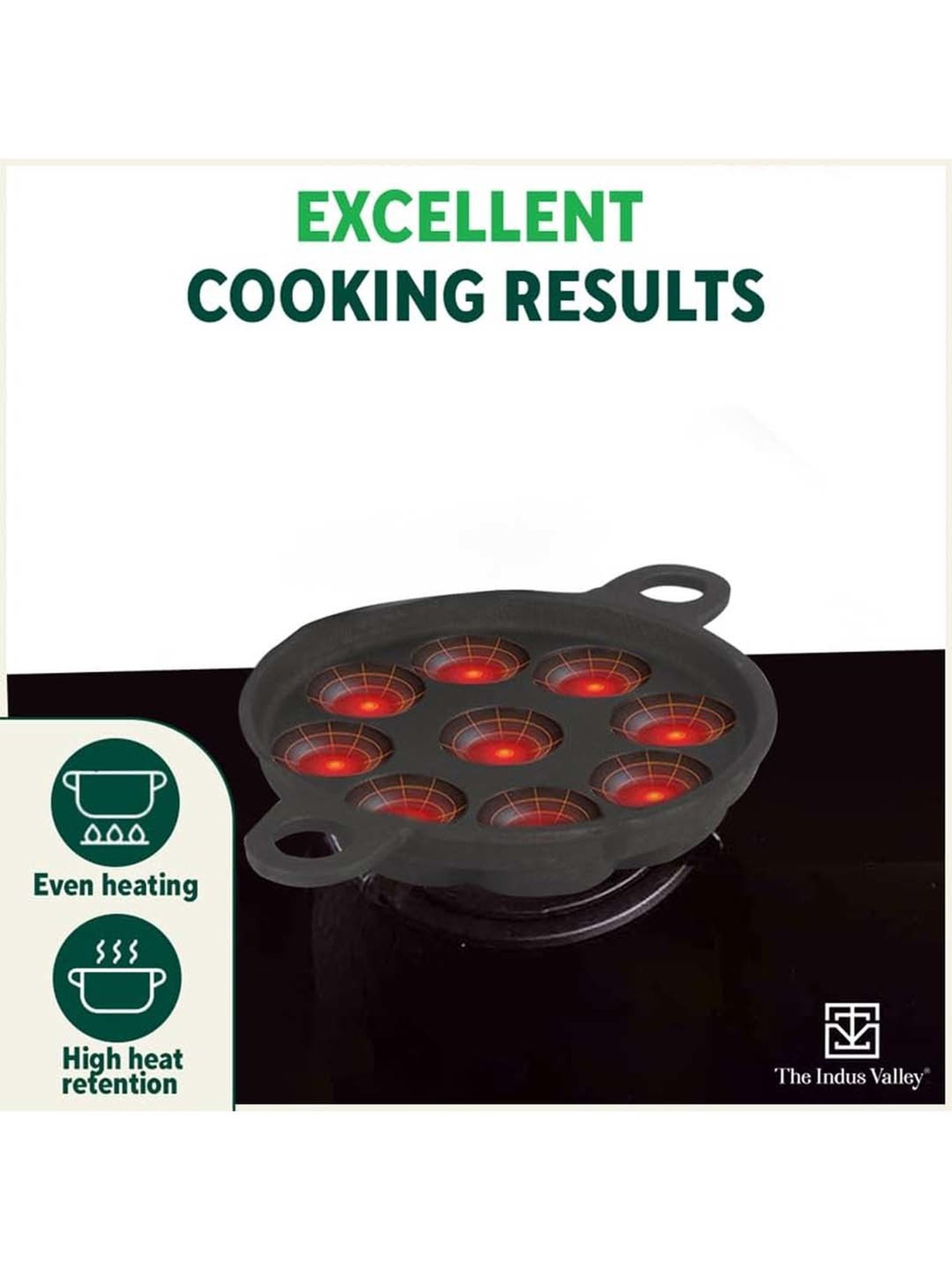 The Indus Valley Black Cast Iron 20.8cm 9-Pit Paniyaram Pan with Free Wooden Picker