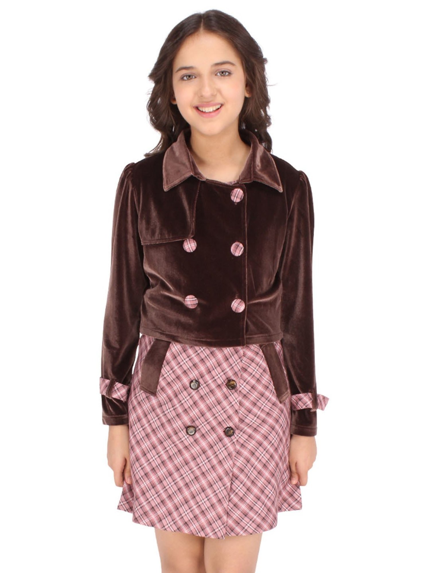 Cutecumber Kids Brown & Pink Printed Full Sleeves Dress with Shrug