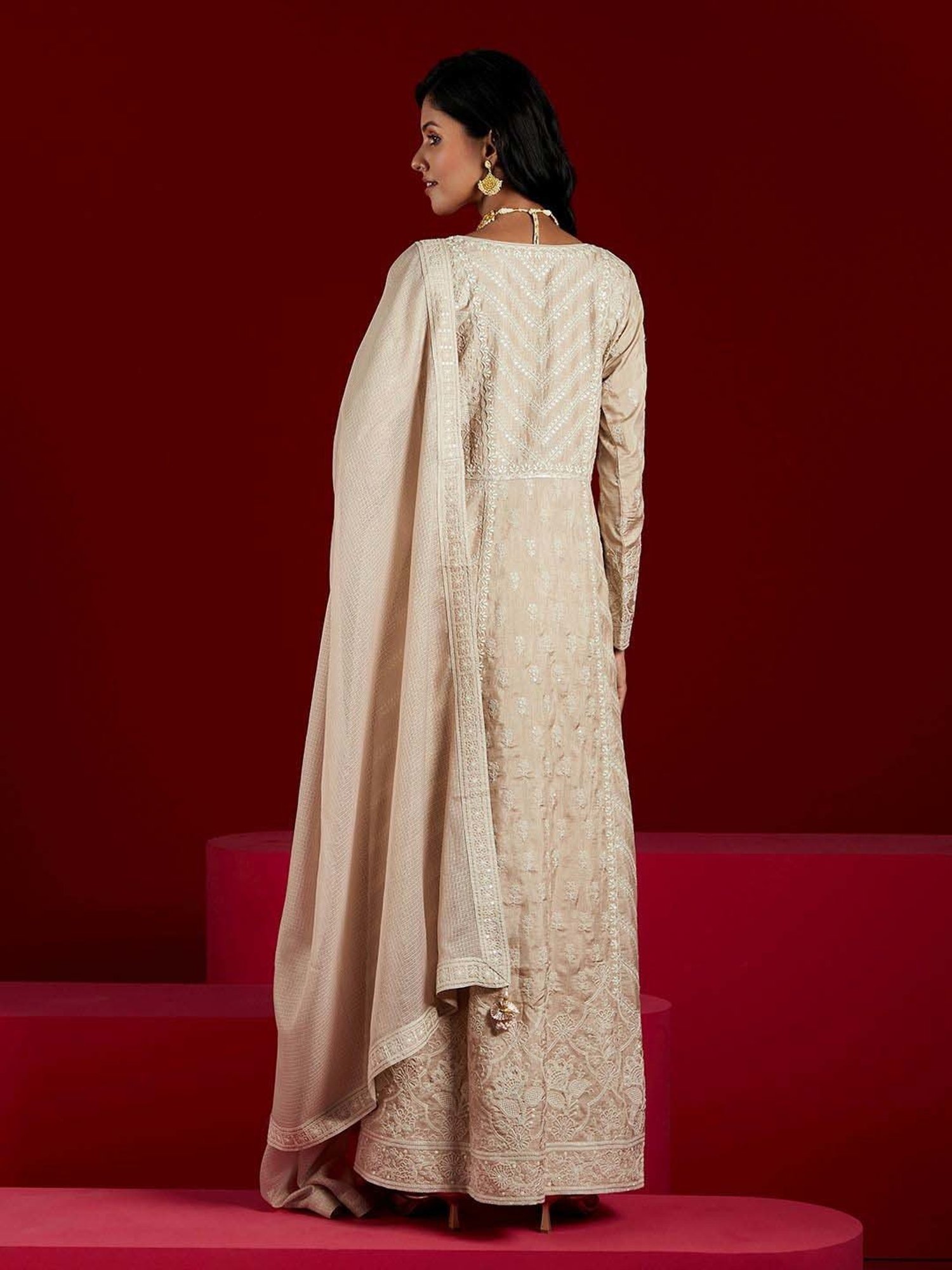 Libas Art Beige Embroidered Kurta Pant Set With Dupatta