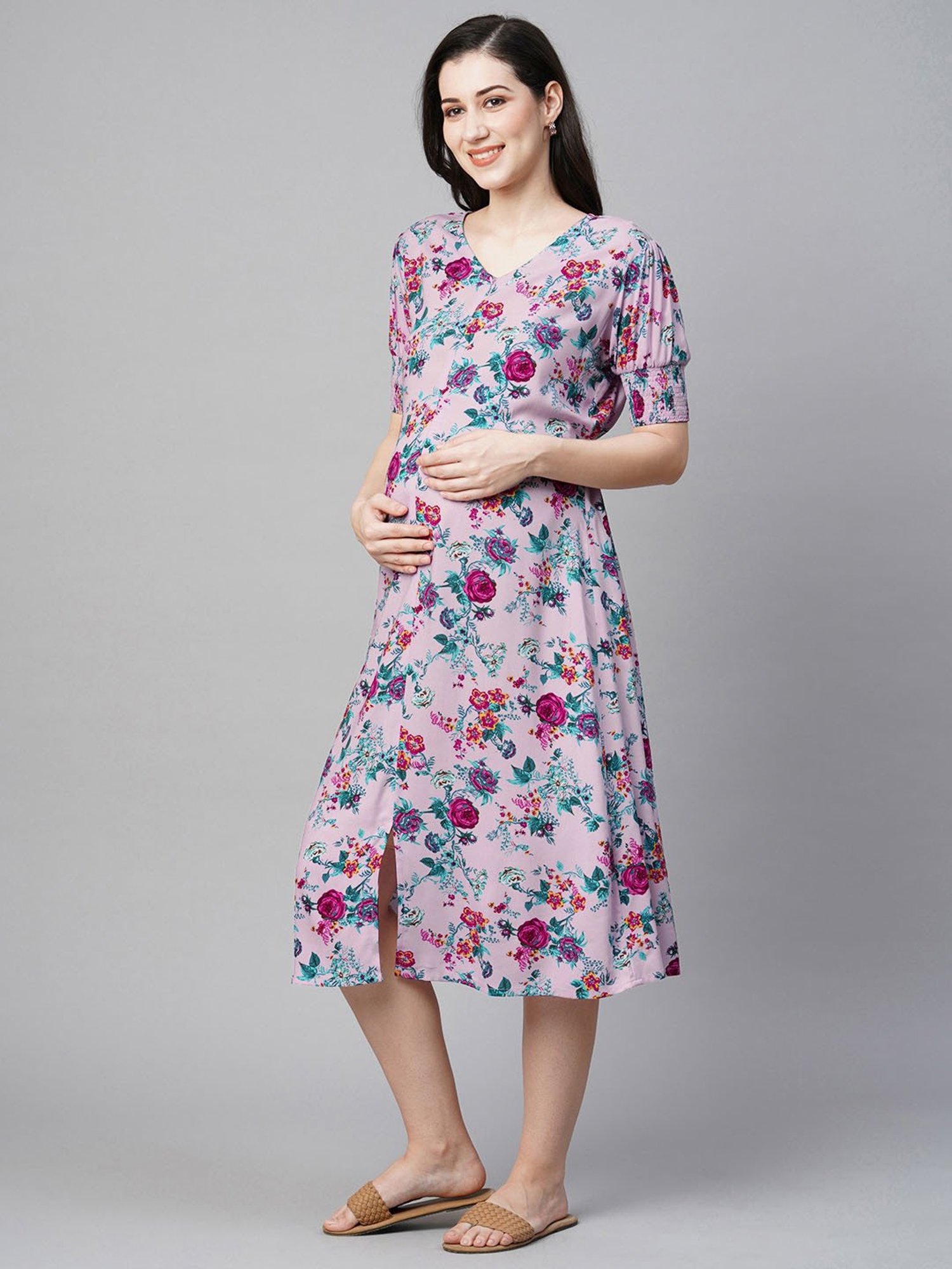 MomToBe Light Purple Floral Print Maternity Midi Dress