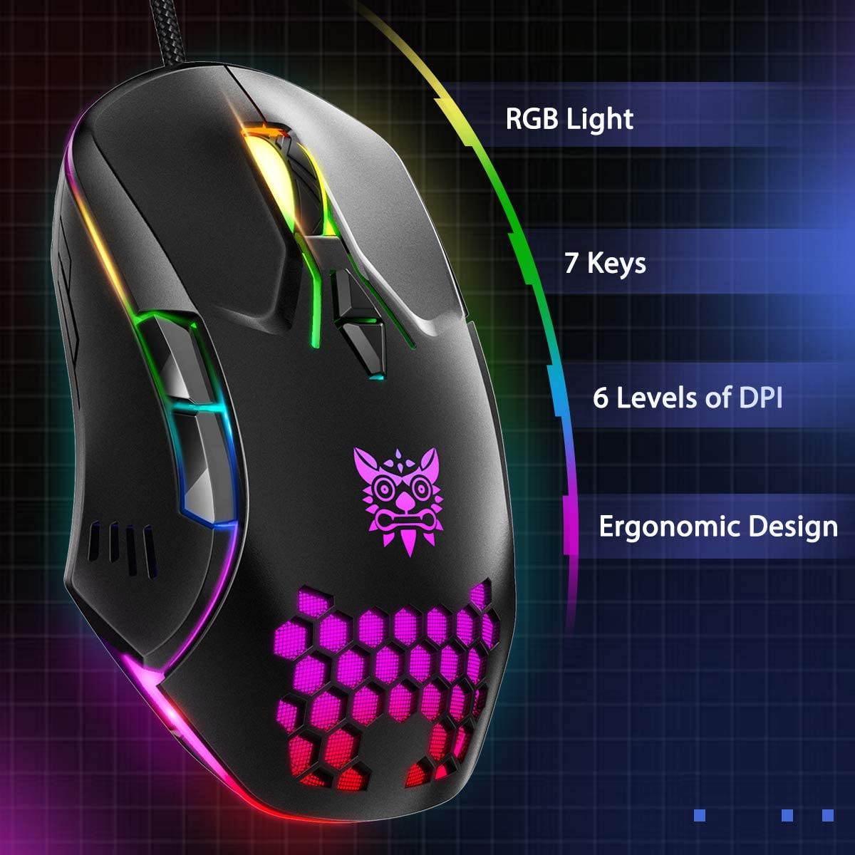 Gaming Mouse Wired, 6400 DPI Adjustable, 7 Programmable Buttons, Ergonomic Game |RGB| USB Computer Mice, Gamer Desktop Laptop PC Gaming Mouse, 7 Buttons for Windows XP/7/8/10 Mac OS Linux