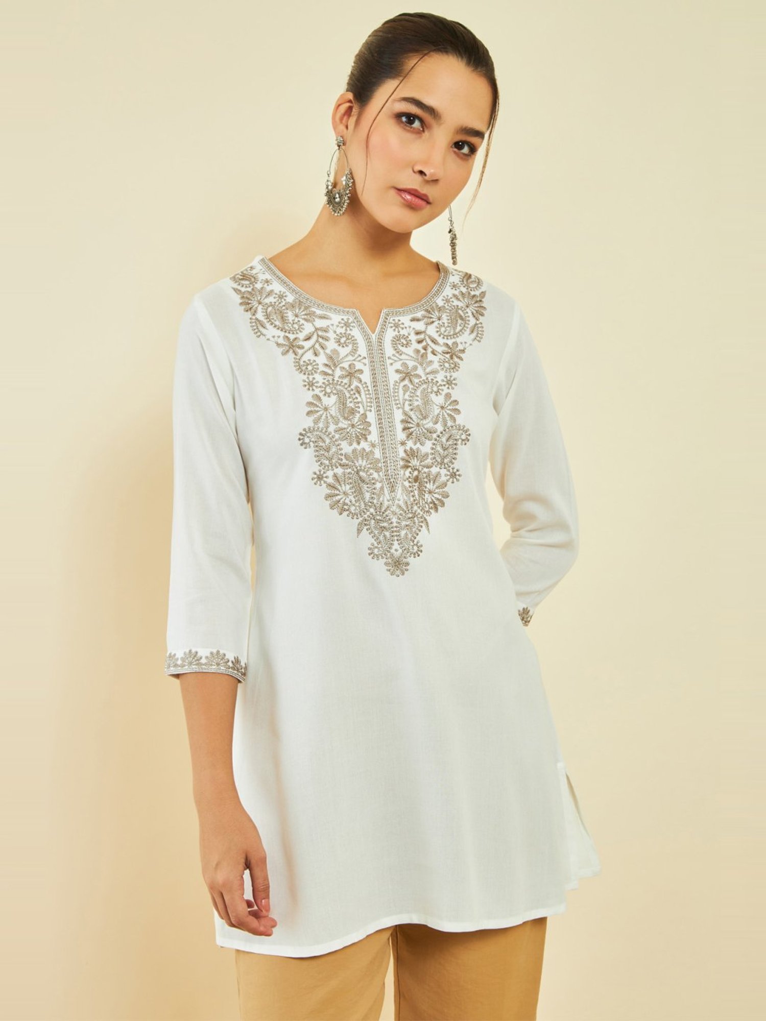 Soch Off White Rayon Paisley Embroidered A-Line Tunic with Vented Hemline