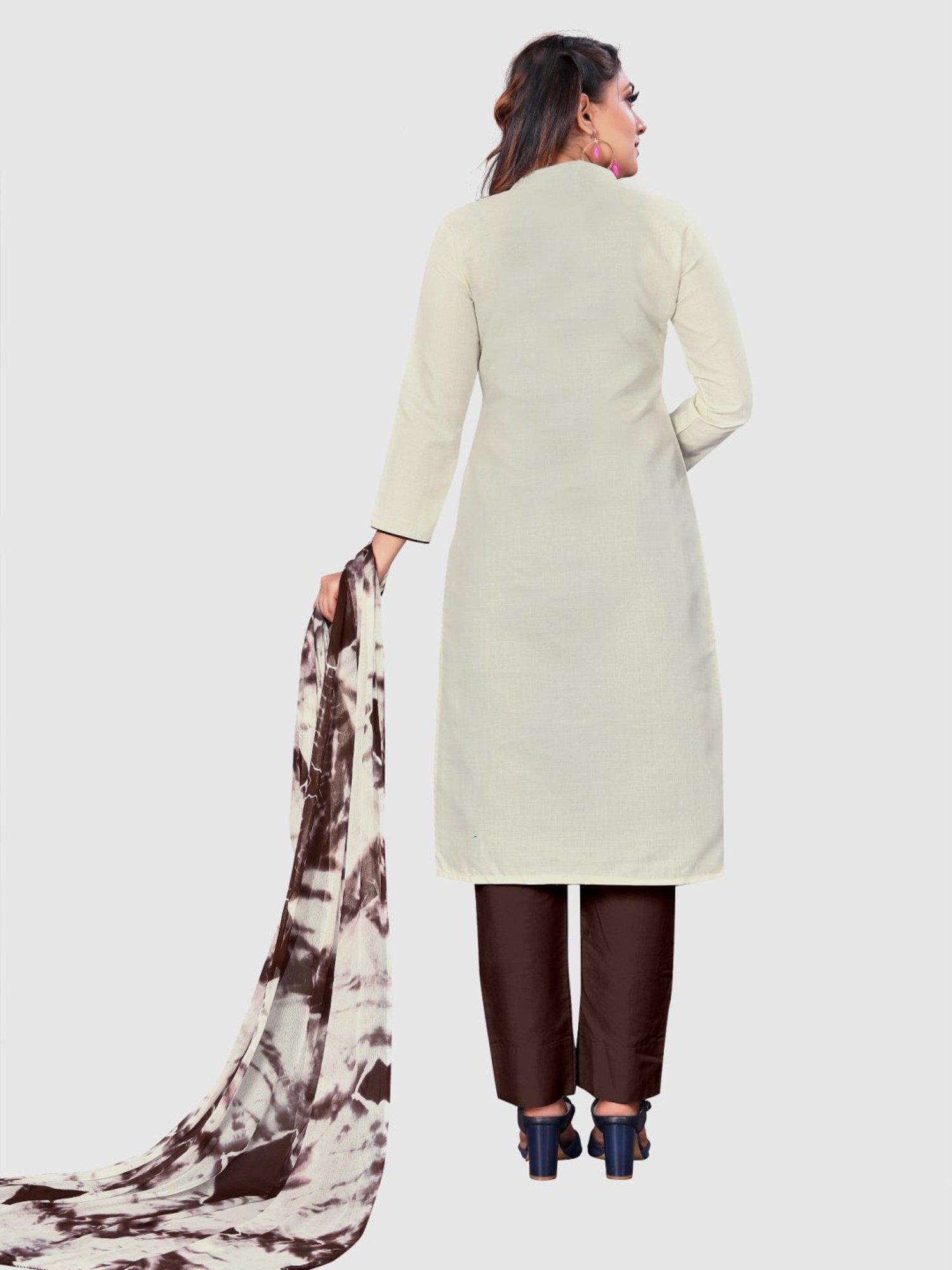 APNISHA Cream Cotton Floral Print Unstitched Dress Material