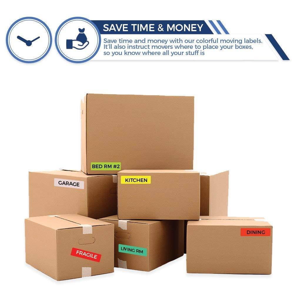 800 Home Moving Labels - Colored Label Supplies for Boxes, Packing & Box Stickers (16 Rolls, 4 Bedroom House) with 1 Empty White Label Roll for Customization