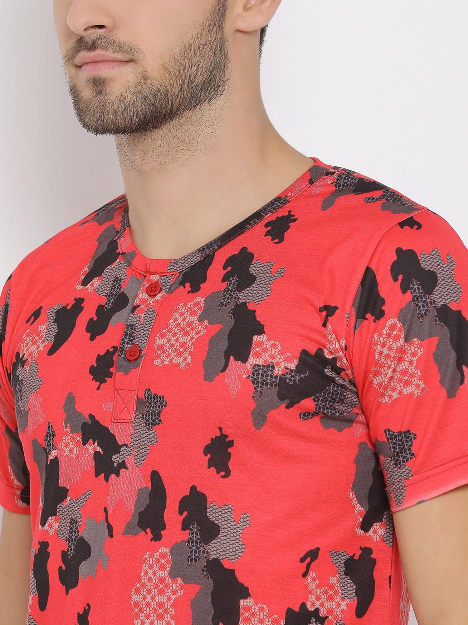 Hangup Plus Red Regular Fit Printed Henley T-Shirt