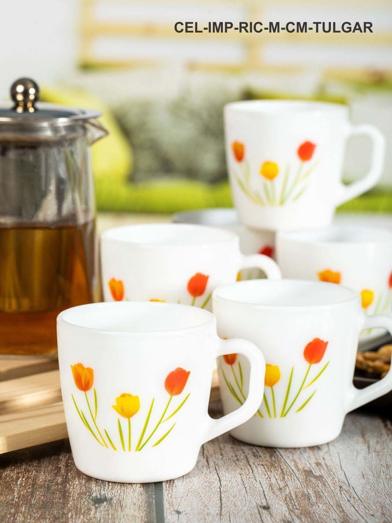 Cello Imperial Ricca White & Orange Glass Coffee Mug (0.18 L) - Set of 12