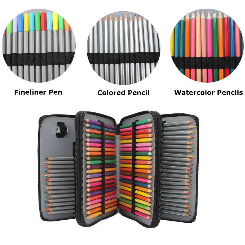 Soucolor 120-Slots PU Leather Pencil Case with Zipper, Black