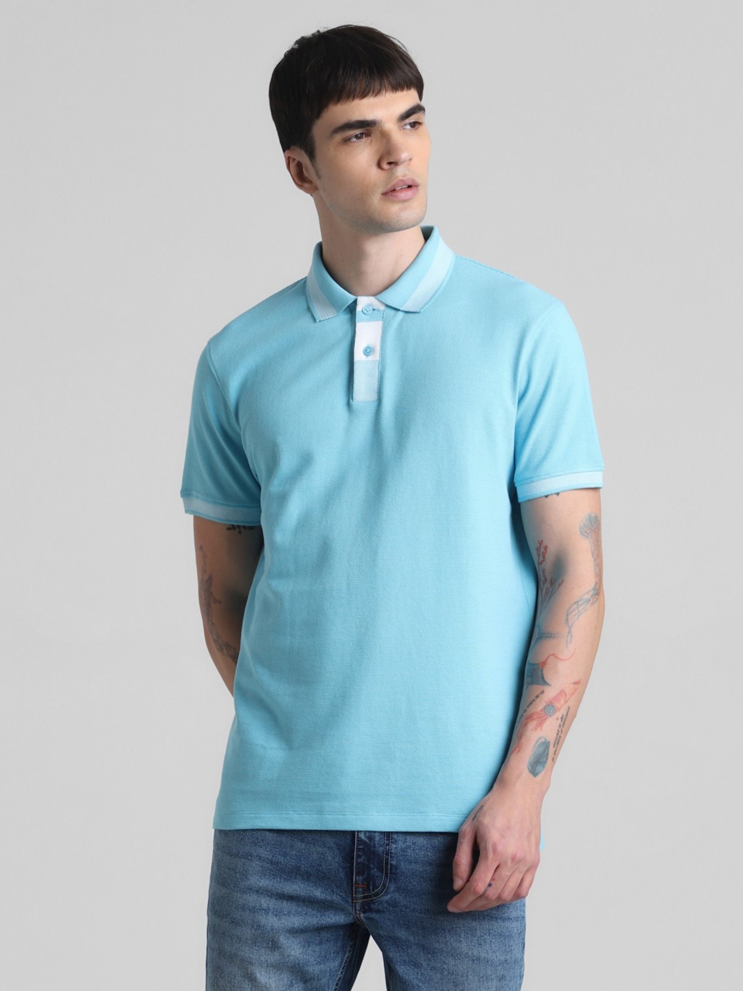 Jack & Jones Blue Topaz Cotton Regular Fit Polo T-Shirt