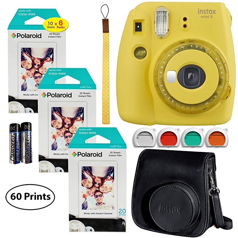 Instax Mini 9 Instant Camera (Smokey White), 6 x Packs of 10 Prints Instant Film (60 Sheets) with Groovy Case Bundle
