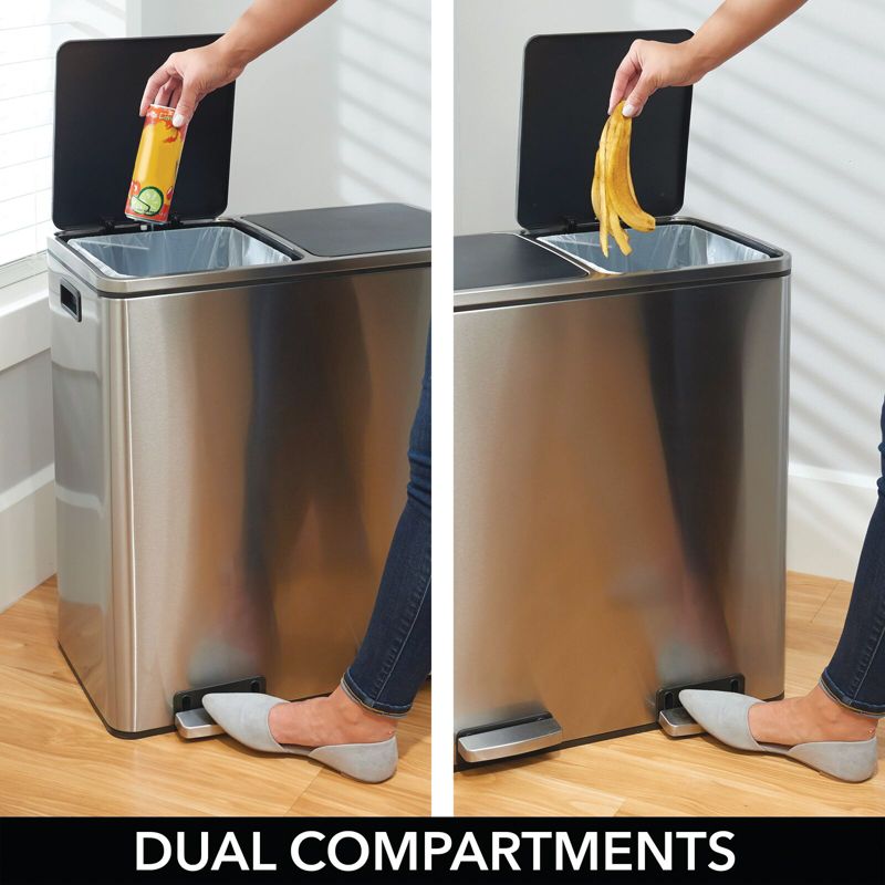 mDesign Divided Large Metal Step Trash Can Garbage, 60 Liter - Brushed
