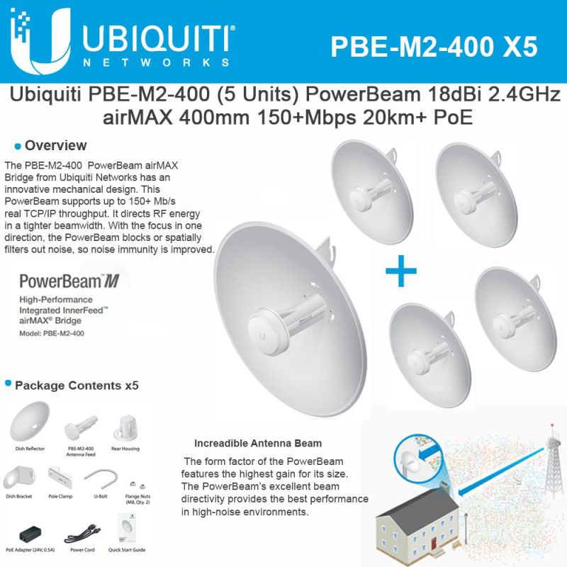 Ubiquiti PBE-M2-400 PowerBeam M2 18dBi 2.4GHz airMAX 400mm 20km+ PoE (5-PACK)