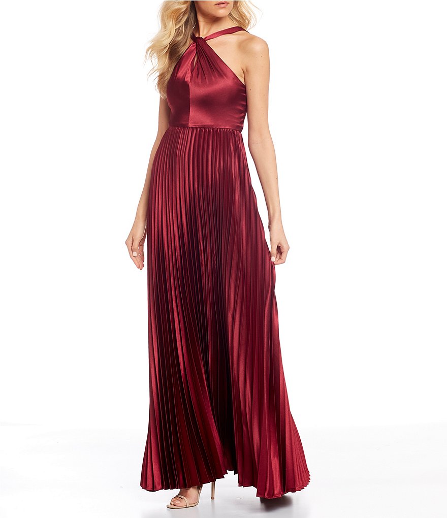Sequin Hearts Y-Neck Pleated Satin Long Dress