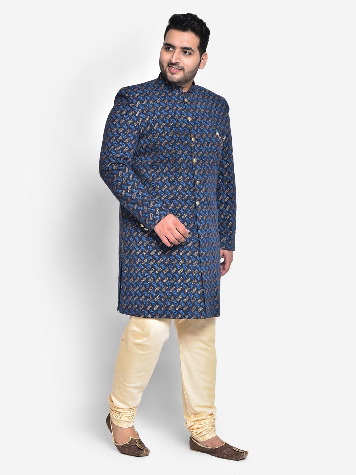 KISAH PLUS Navy Regular Fit Printed Sherwani Set