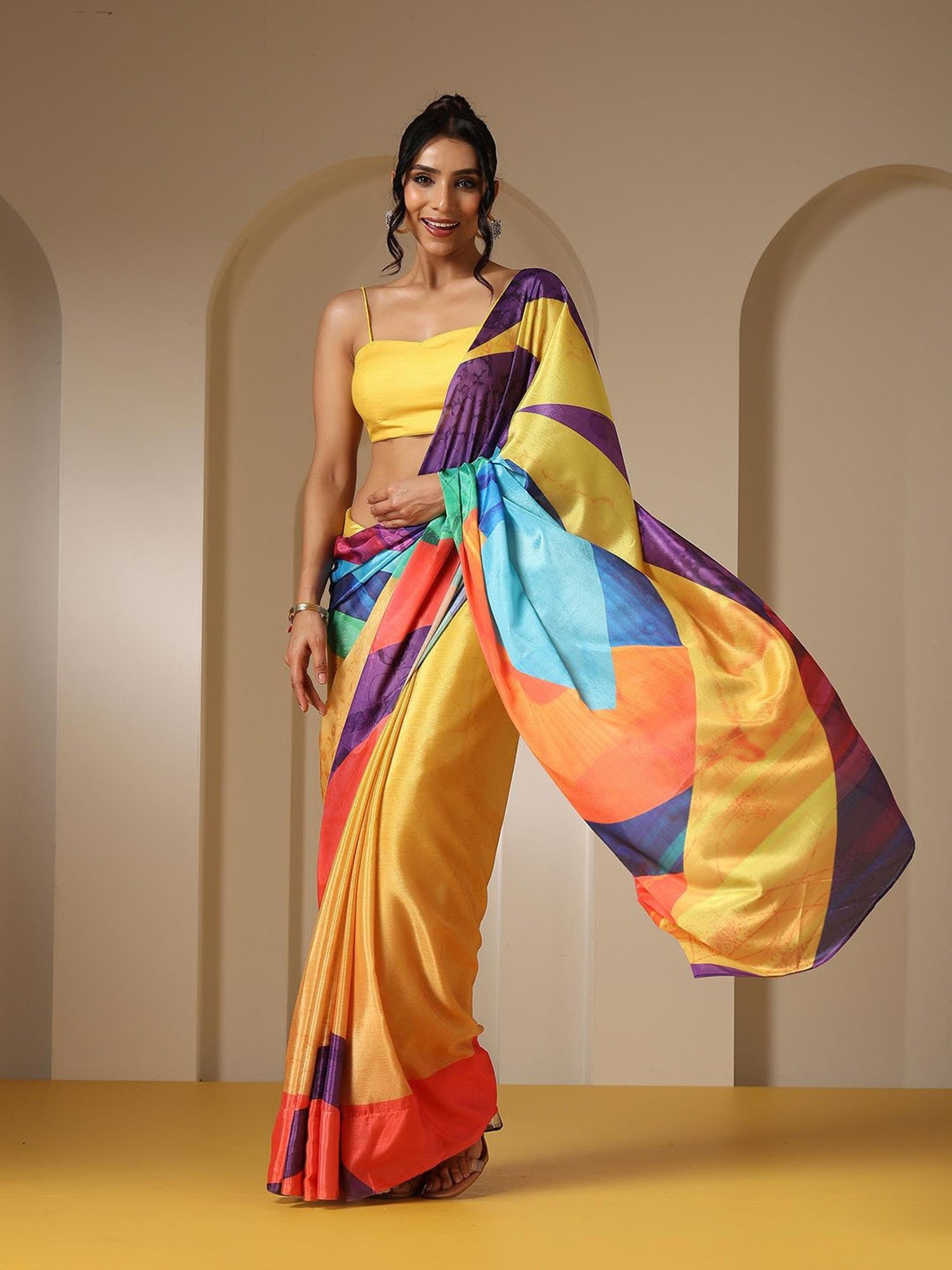 Swtantra Multicolor Printed Viscose Chinon Saree With Unstitched Self Blouse