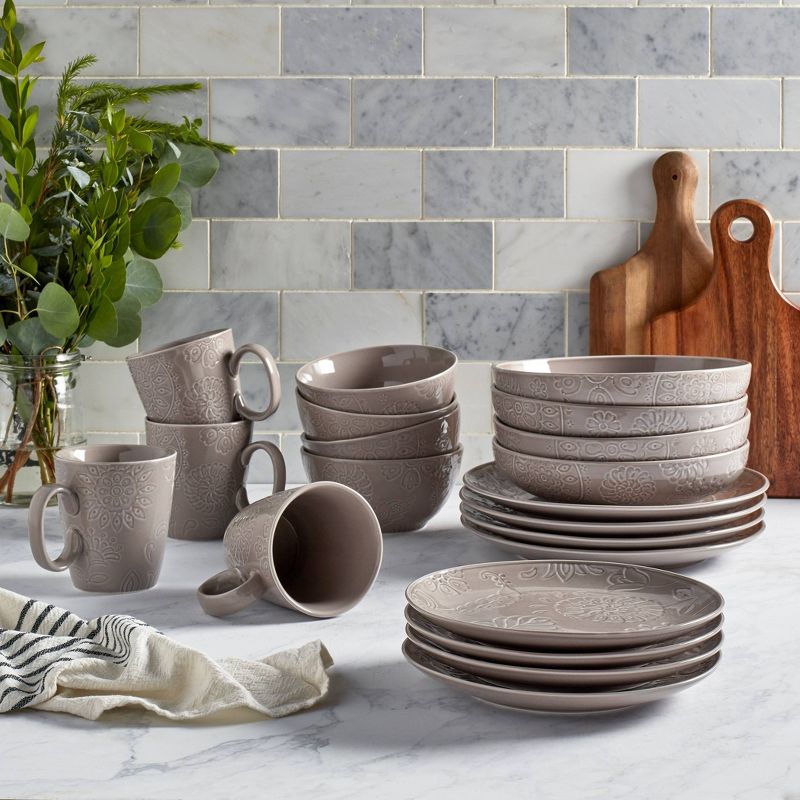 20pc Stoneware Embossed Sophia Dinnerware Set Gray - Tabletops Gallery