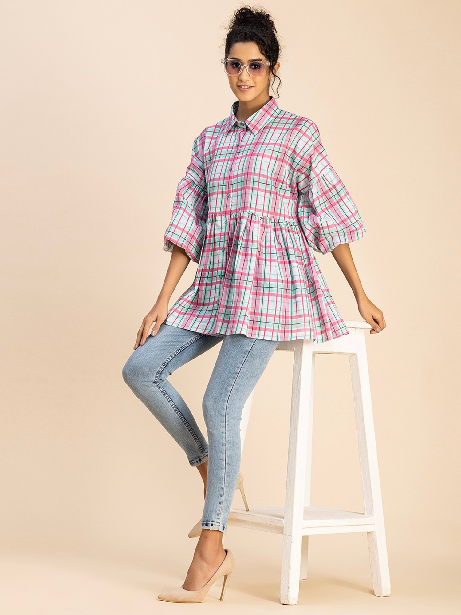 Moomaya Pink & Green Cotton Checks Top