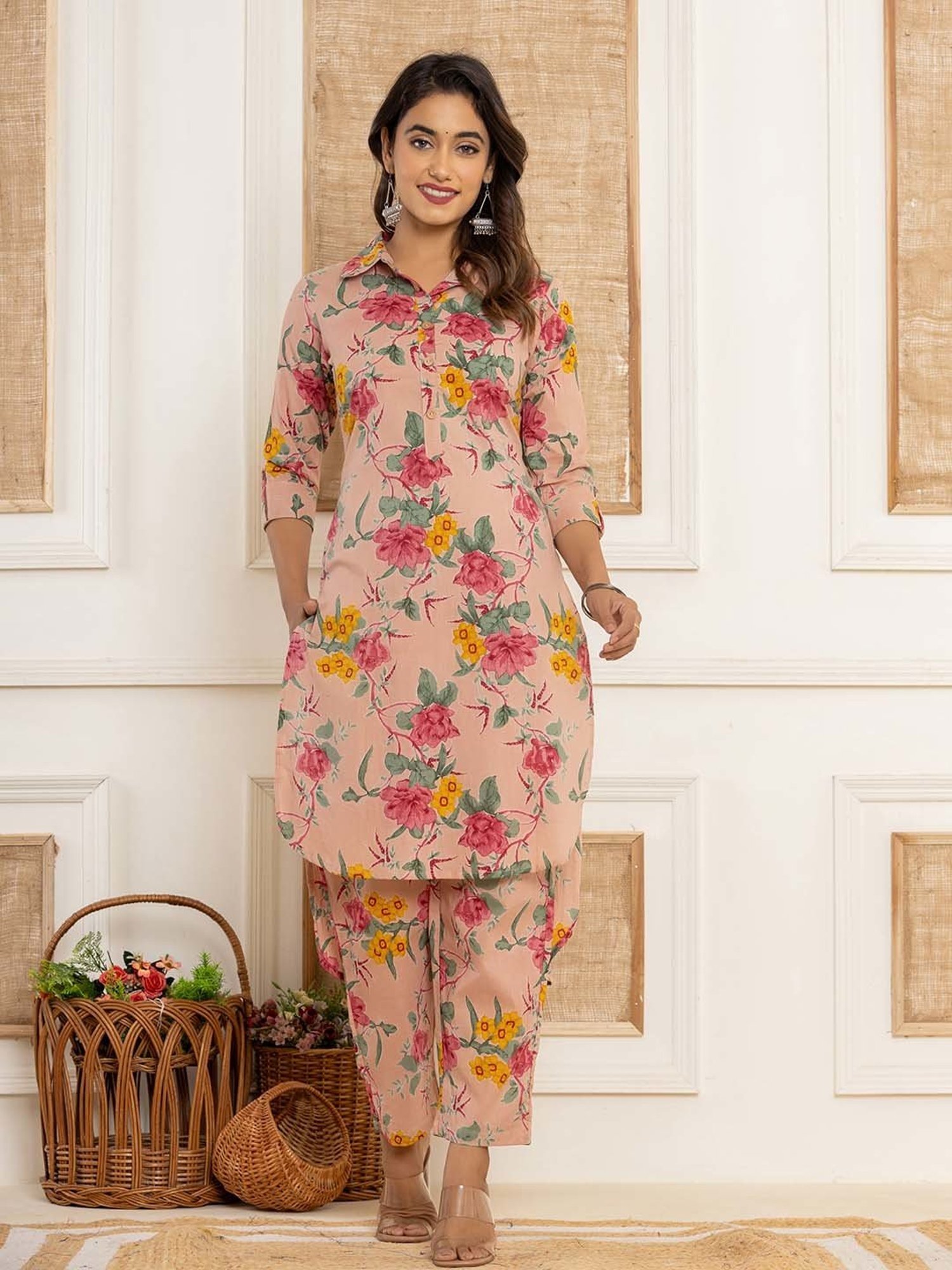 Yufta Pink Cotton Printed Kurta Pant Set