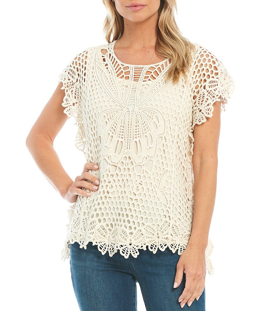 One World Apparel Crochet Short Sleeve Scoop Neck Top