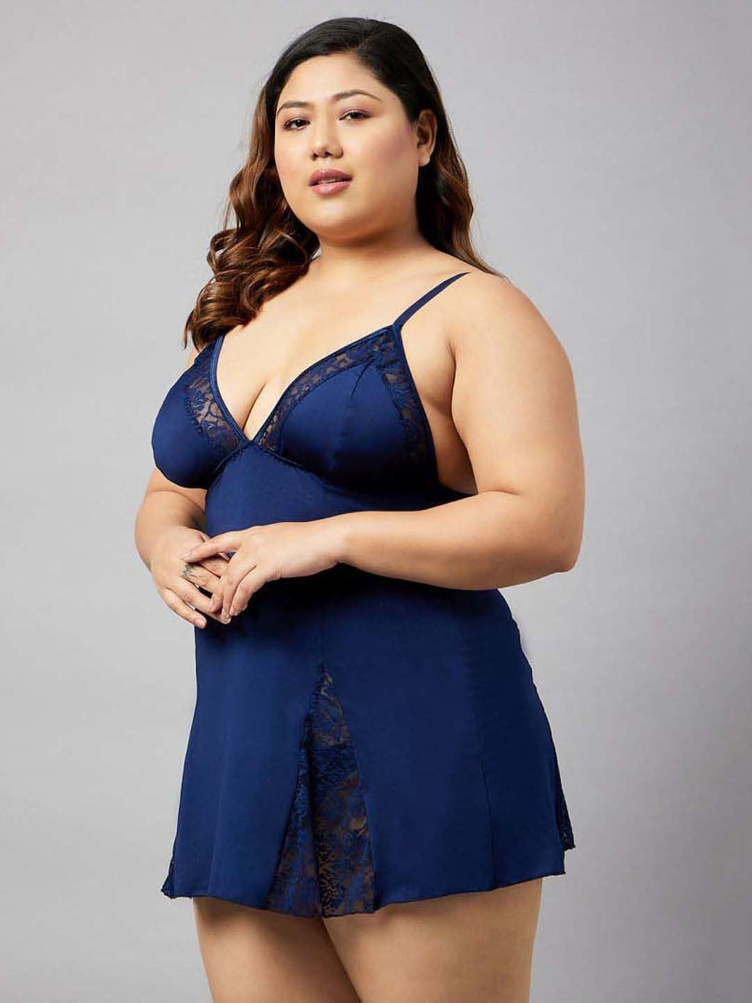 Secrets By ZeroKaata Purple & Navy Lace Work Babydoll with Panty - Pack Of 2