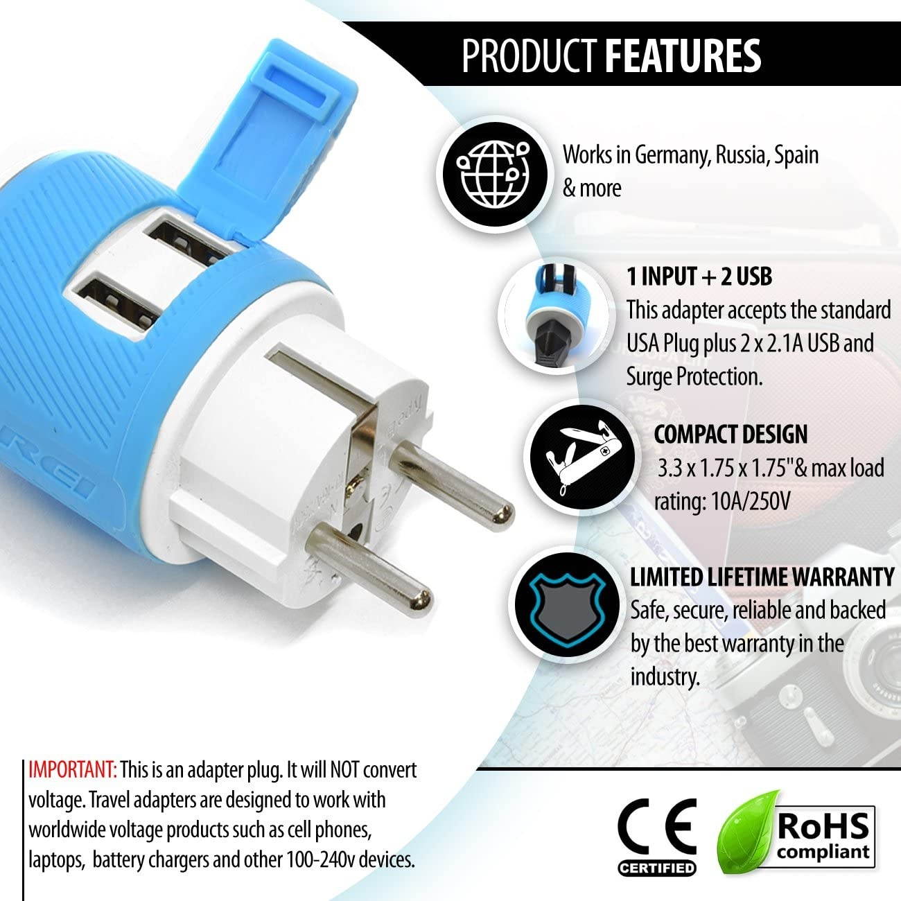 Germany, France, Schuko Travel Plug Adapter by OREI with Dual USB - USA Input + Surge Protection - Type E/F (U2U-9), Will Work with Cell Phones, Camera, Laptop, Tablets, iPad, iPhone and More