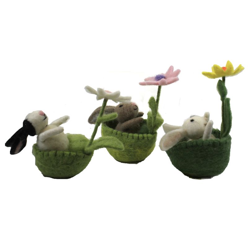 Easter 5.5" Wool Bunny In Basket Set / 3 Rabbit Vintage Spring Flower  -  Decorative Figurines