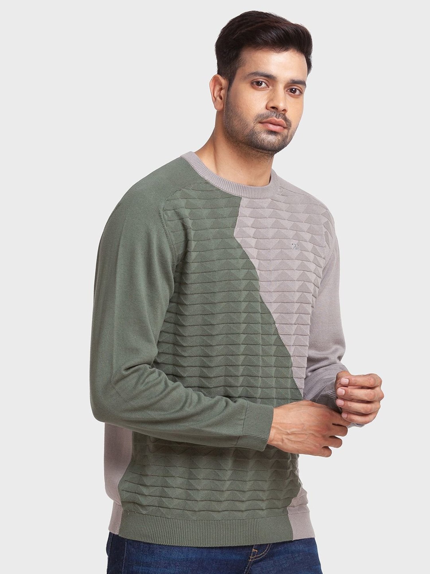 ColorPlus Multi Cotton Tailored Fit Colour Block Sweaters